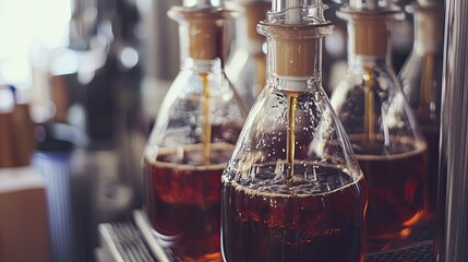 Glass bottles containing dark liquid and fitted with spouts