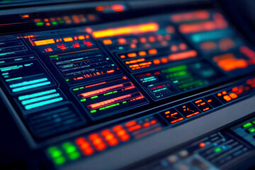 Futuristic control panel with glowing buttons and screens.