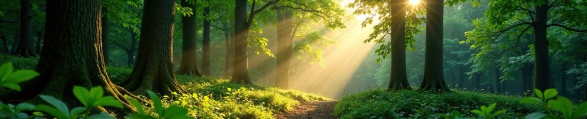 Dense foliage with shafts of sunlight filtering through trees, tree trunks, forests, nature