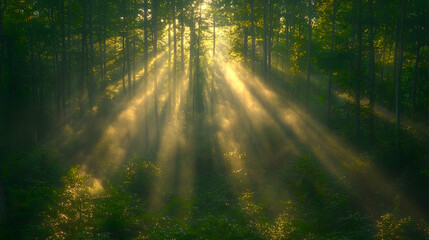 Fototapeta premium Photo - Enchanted Forest Sunlight Beams Through Misty Woods at Dawn