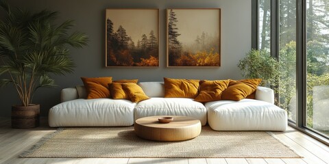 Cozy Modern Scandinavian Living Room with White Sofa Mustard Cushions and Natural Wood Accents