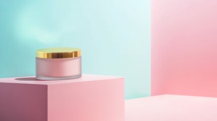 Aesthetic cream jar on pastel background.