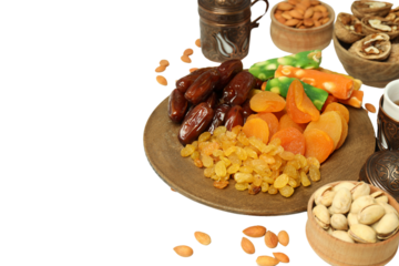 PNG, Ramadan. Set of traditional food during fasting period,.isolated on white background.
