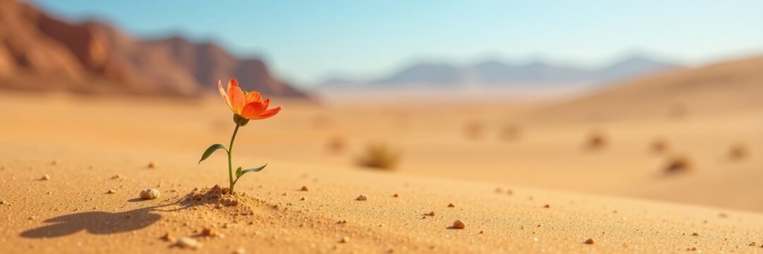 Desert landscape with a lone flower blooming in the sand, arid, desert