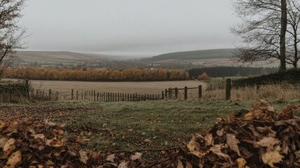 Serene autumnal landscape with a distant village nestled in rolling hills, viewed through a rustic wooden fence and piles of fallen leaves.