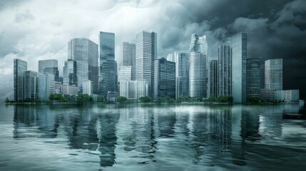 Fototapeta premium Majestic city skyline reflecting in water under stormy clouds with dramatic lighting and vibrant architecture features