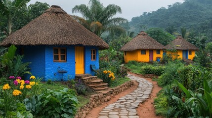Colorful traditional huts surrounded by lush greenery and vibrant flowers in a serene rural setting