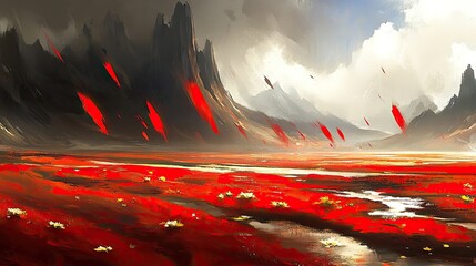 Dramatic landscape painting of a fiery red field with dark mountains and red streaks falling from the sky, evoking a sense of otherworldly beauty and power.