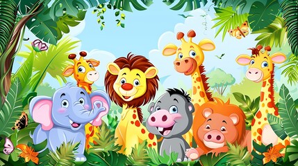 Naklejka premium Cute 2D Animal Kingdom Jungle Illustration