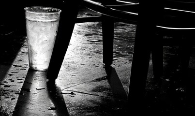 A black and white photo of a glass of iced water sitting on a wet floor with the shadow of a chair.