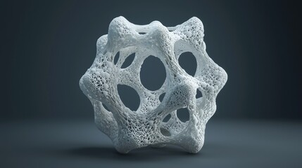 Abstract white sculpture with organic shapes on a dark background, showcasing intricate textures