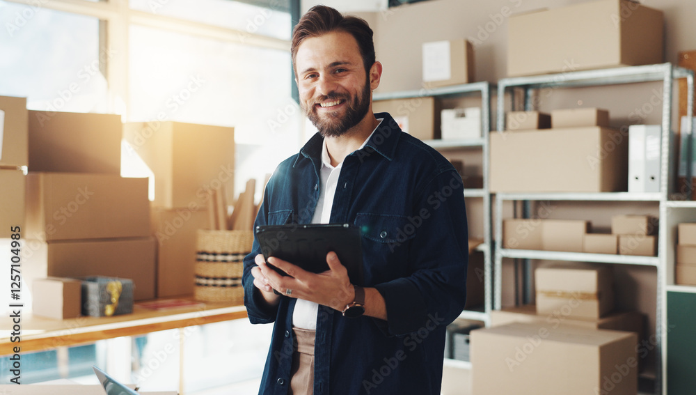 Poster portrait, man and box with tablet for distribution of online orders, inventory checklist and stock s