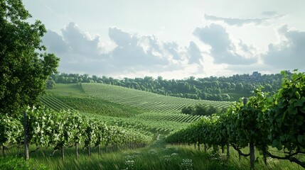 Fototapeta premium Expansive Vineyard Landscape with Lush Green Vines Under Bright Blue Sky and Soft Cloud Cover in Rural Setting