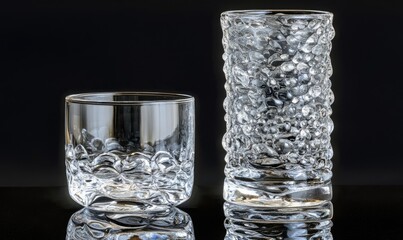 Two elegant, textured glass tumblers on a reflective black surface. Perfect for barware, drinks, or home decor.
