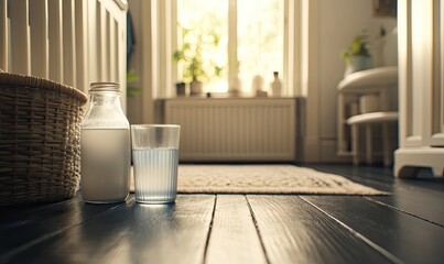 Glass of milk and bottle on dark wood floor, sunlit room background.  Perfect for healthy lifestyle or home imagery.