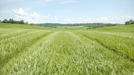 Lush green field, rolling hills, summer day, pastoral landscape, ideal for agriculture or nature themes