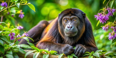 Fototapeta premium Close-Up of a Primate Relaxing Among Vibrant Green Foliage
