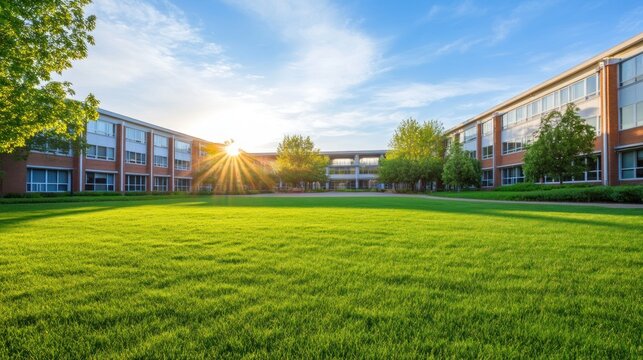 Sunny courtyard of a school campus with green lawn.