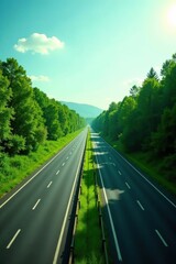 Fototapeta premium Asphalt Road Cutting Through Lush Green Foliage Under a Sunny Sky