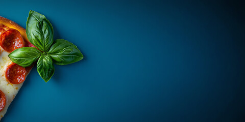 slice of pizza topped with pepperoni and fresh basil on a vibrant blue background