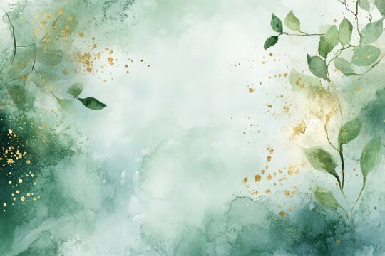 A sophisticated abstract watercolor background with soft green botanical elements and shimmering gold splashes.