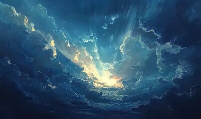 Dramatic sunset through dark clouds;  heavenly light rays breaking through stormy sky;  epic cloudscape background.