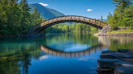 Fototapeta premium Serene Wooden Bridge Over Calm Lake with Mountain Backdrop