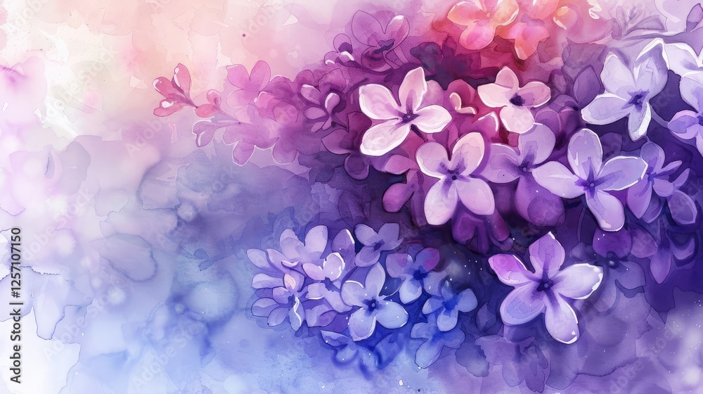 Wall mural Vibrant watercolor floral composition featuring purple and pink blossoms against a soft pastel background