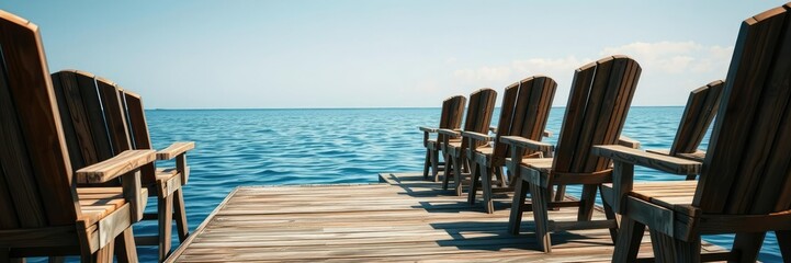 Fototapeta premium On a weathered wooden pier rows of worn wooden chairs await their next user on the peaceful blue waters of the lake, dock, wooden furniture