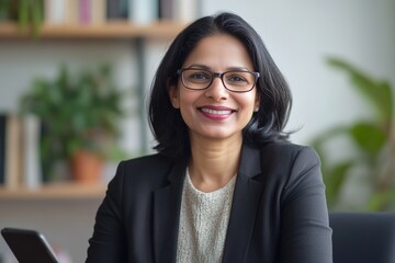 Young Indian business woman manager ceo using cell phone mobile app lapt