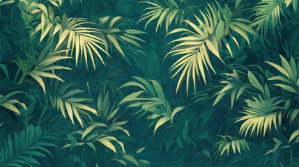 Fototapeta premium Tropical jungle style abstract background with lush green tones and vibrant foliage patterns. Emphasizing an exotic environment. Ideal for nature projects.