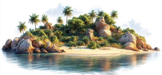 Fototapeta premium Tropical Island Beach With Palm Trees And Rocks