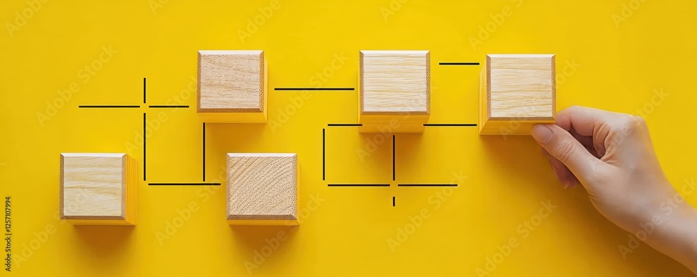 Aufkleber Workflow Automation Process Using Flowchart and Wooden Blocks on Yellow Background