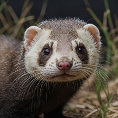 A timid ferret peeking curiously with delicate whiskers.
