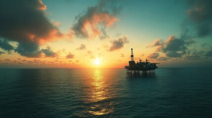 Offshore Oil Rig at Sunset: A Breathtaking View of Industrial Landscape and Nature's Beauty
