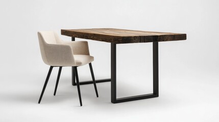 Rustic wooden table and chair, minimalist, studio shot, interior design, furniture
