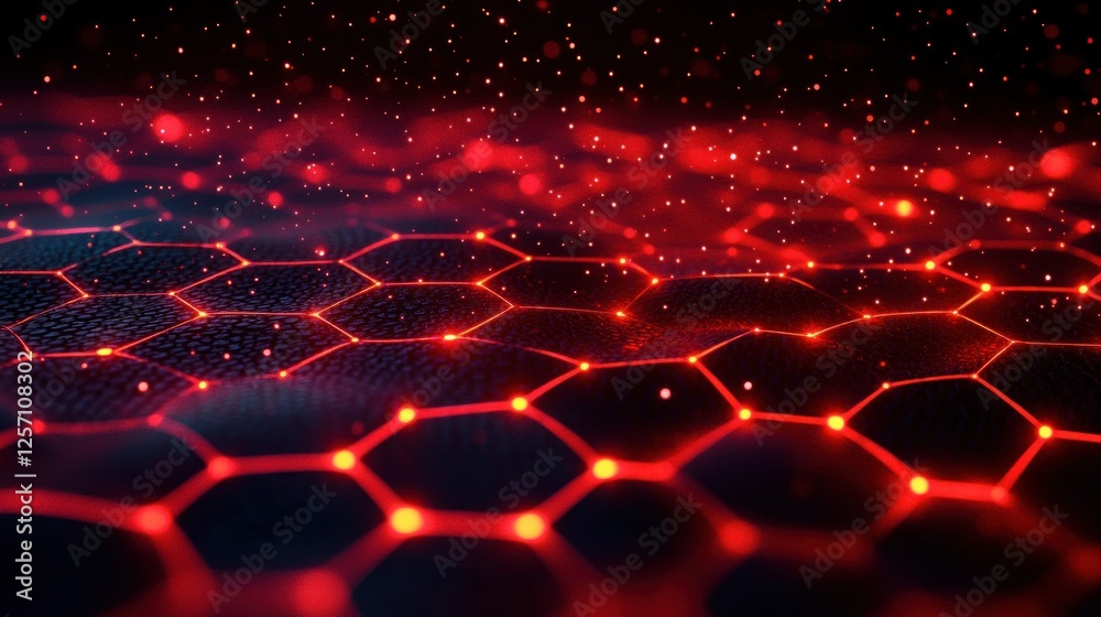 Poster futuristic hexagonal mesh structure with dynamic flames and glowing patterns in red hues and backlig