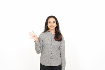 Smiling and showing counting finger, Four Finger Of Beautiful Asian Woman Isolated On White Background