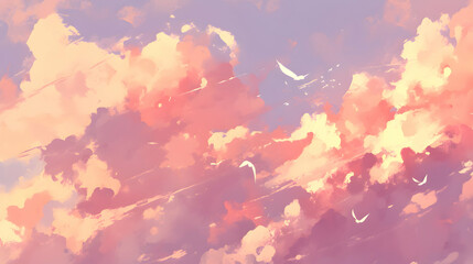 Painted Pastel Sky with Clouds and Birds in Flight