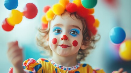 Fototapeta premium A young child dressed as a clown skillfully juggles vibrant balls during a lively party atmosphere