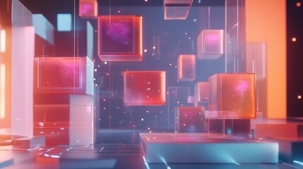 Abstract floating cubes with digital details and bright futuristic glow