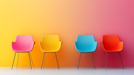 Four colorful chairs against a vibrant gradient wall.