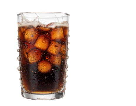 cola soda drinks. close up of a glass of cola with ice. America's famous drink. isolated on a transparent or white background