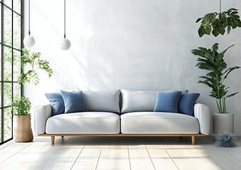 Minimalist Living Room Interior Design with Gray Sofa Blue Cushions and Natural Light