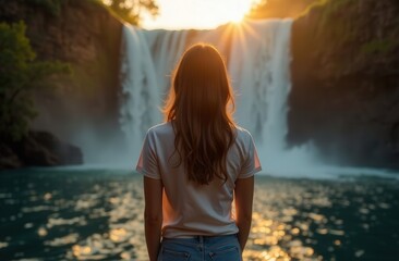 The girl looks at the waterfall. Travel and vacations