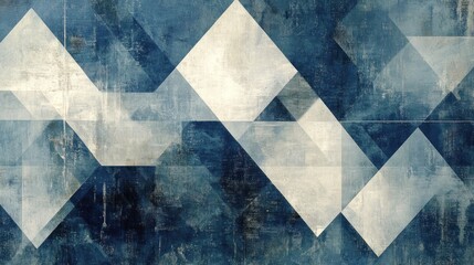 Abstract geometric pattern with blue and white shapes on textured background.