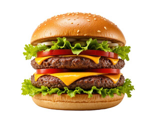 close up view of burger or hamburger isolated on transparent or white background. burger filled with meat, cheese and vegetables