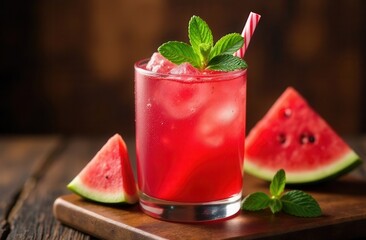Watermelon cocktail in a glass on the background of the pool. Soft drinks. Summer vacation