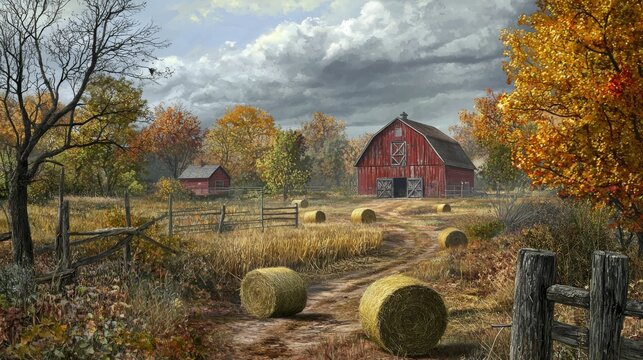 Scenic Autumn Farm Landscape with Red Barns, Bales of Hay, and Colorful Foliage Under Dramatic Sky