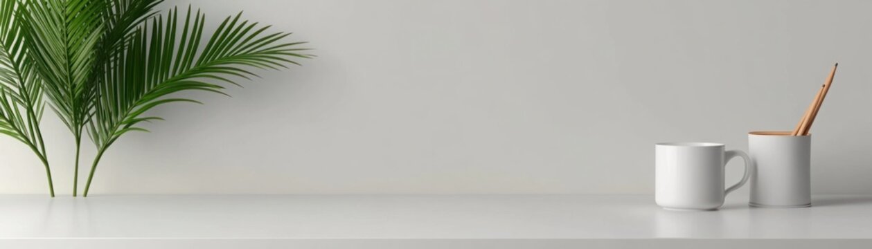 Minimalistic workspace with fresh green plant, white mugs, and pencil holder on clean desk in modern interior setting for serene productivity atmosphere